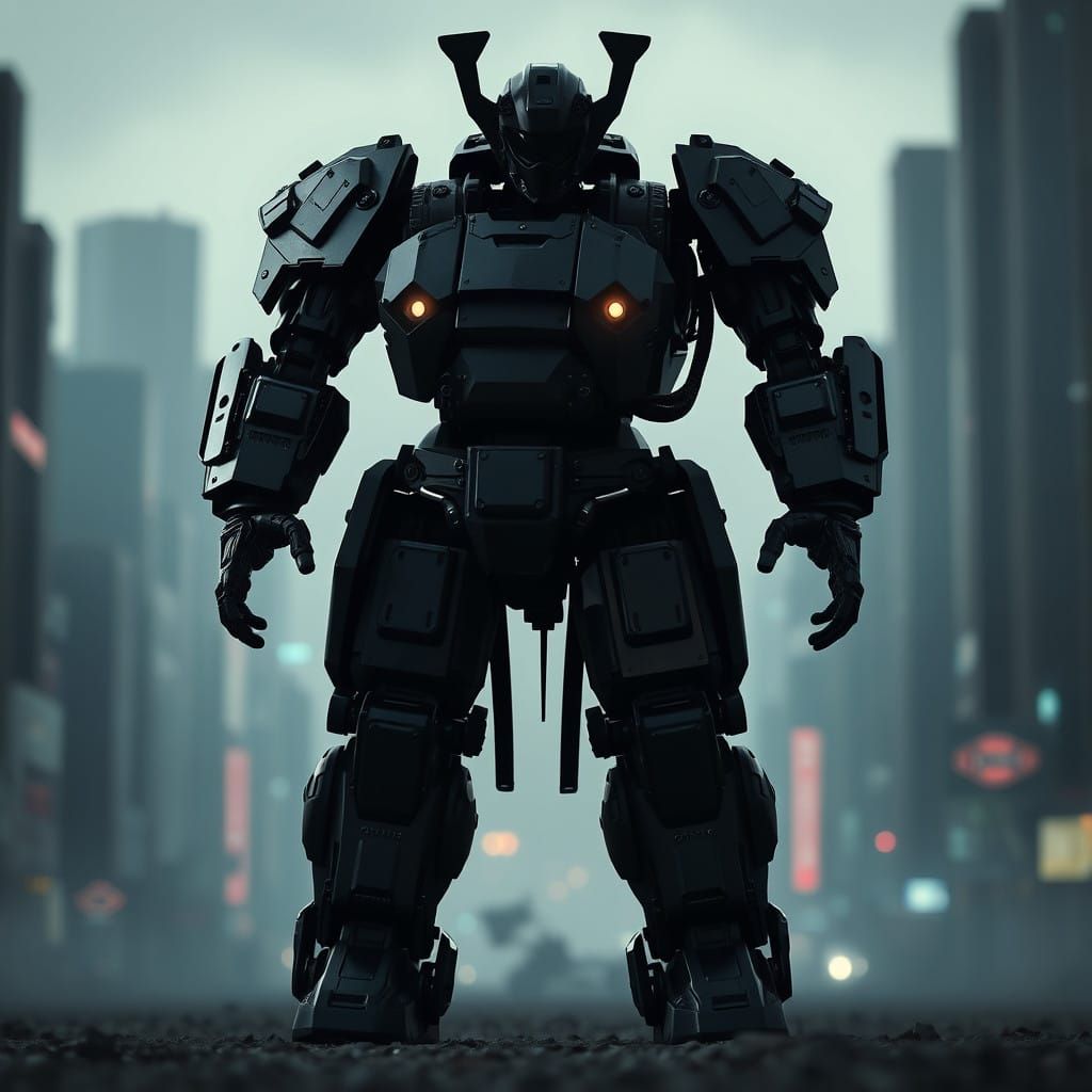 Epic Samurai Robot in Cyberpunk Cityscape