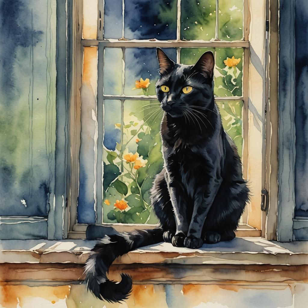 Black Cat at Window: Detailed Watercolor Painting