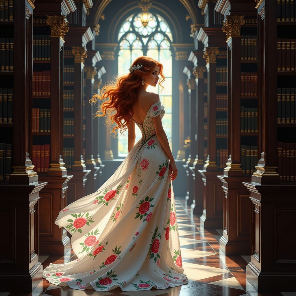 Elegant Woman in Majestic Library, Art Nouveau Style