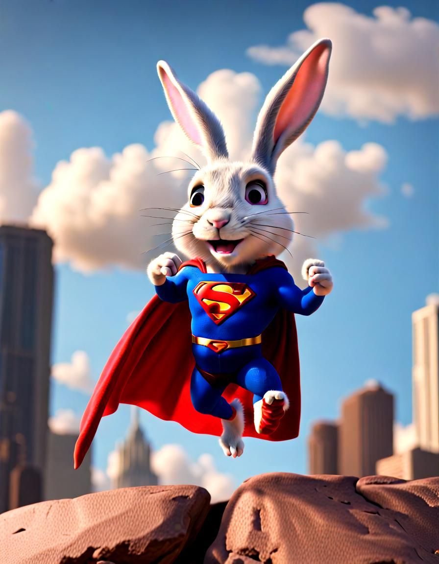 Rabbit Superman Pose in Pixar Style