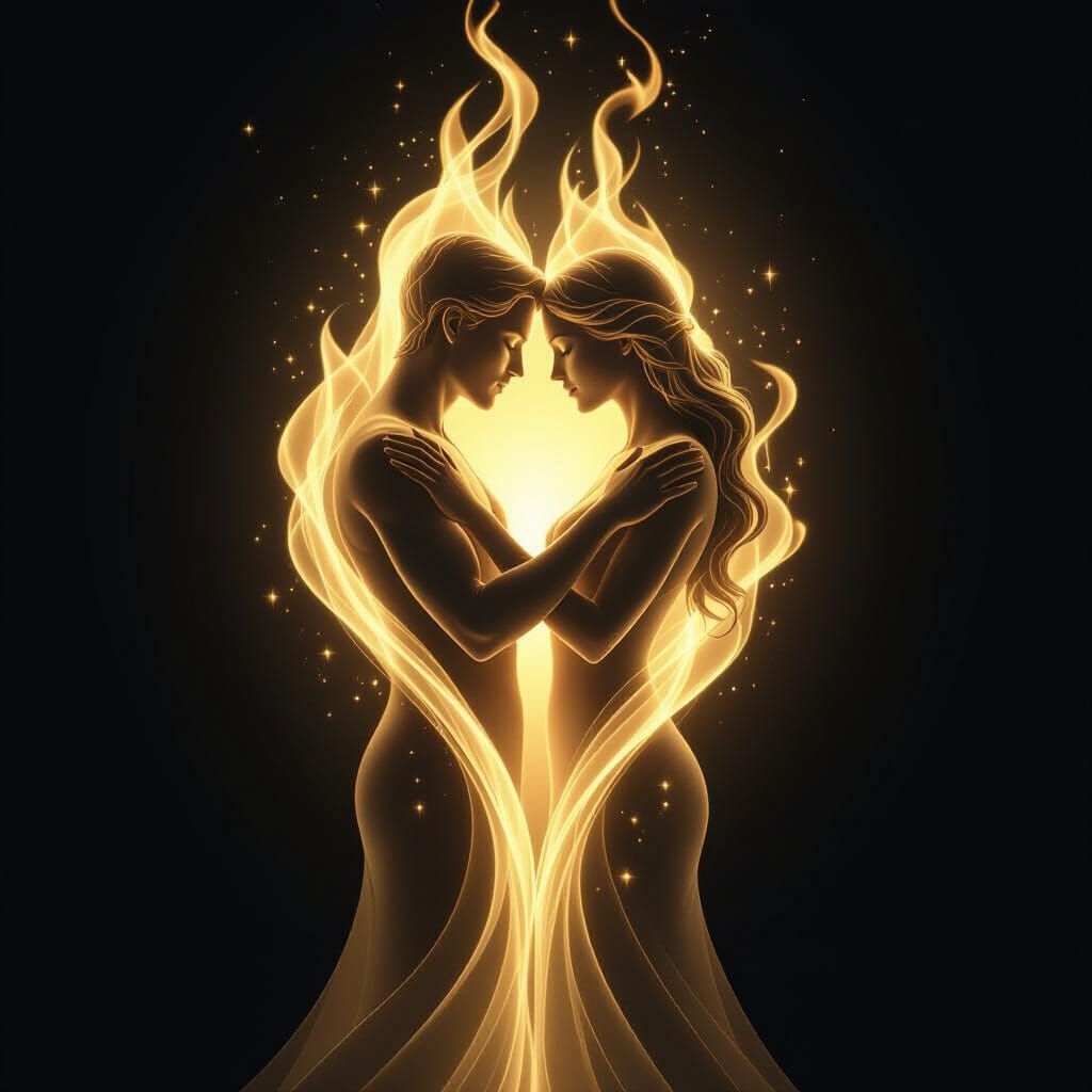 Infinite Flame Embracing Humanoid Silhouettes in Divine Love
