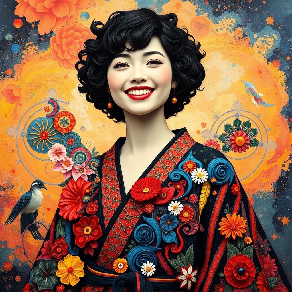 Vibrant Quilling Kimono in Cosmic Art Brut Style