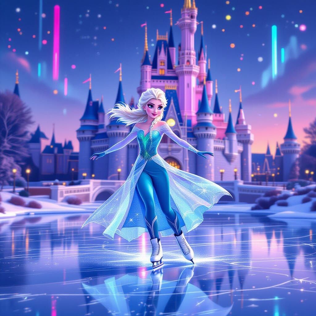 Elsa Ice Skating in Synthwave Neon Lights