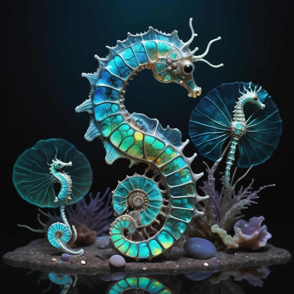Bioluminescent Seahorse and Metallic Ammonites in Opalescent...