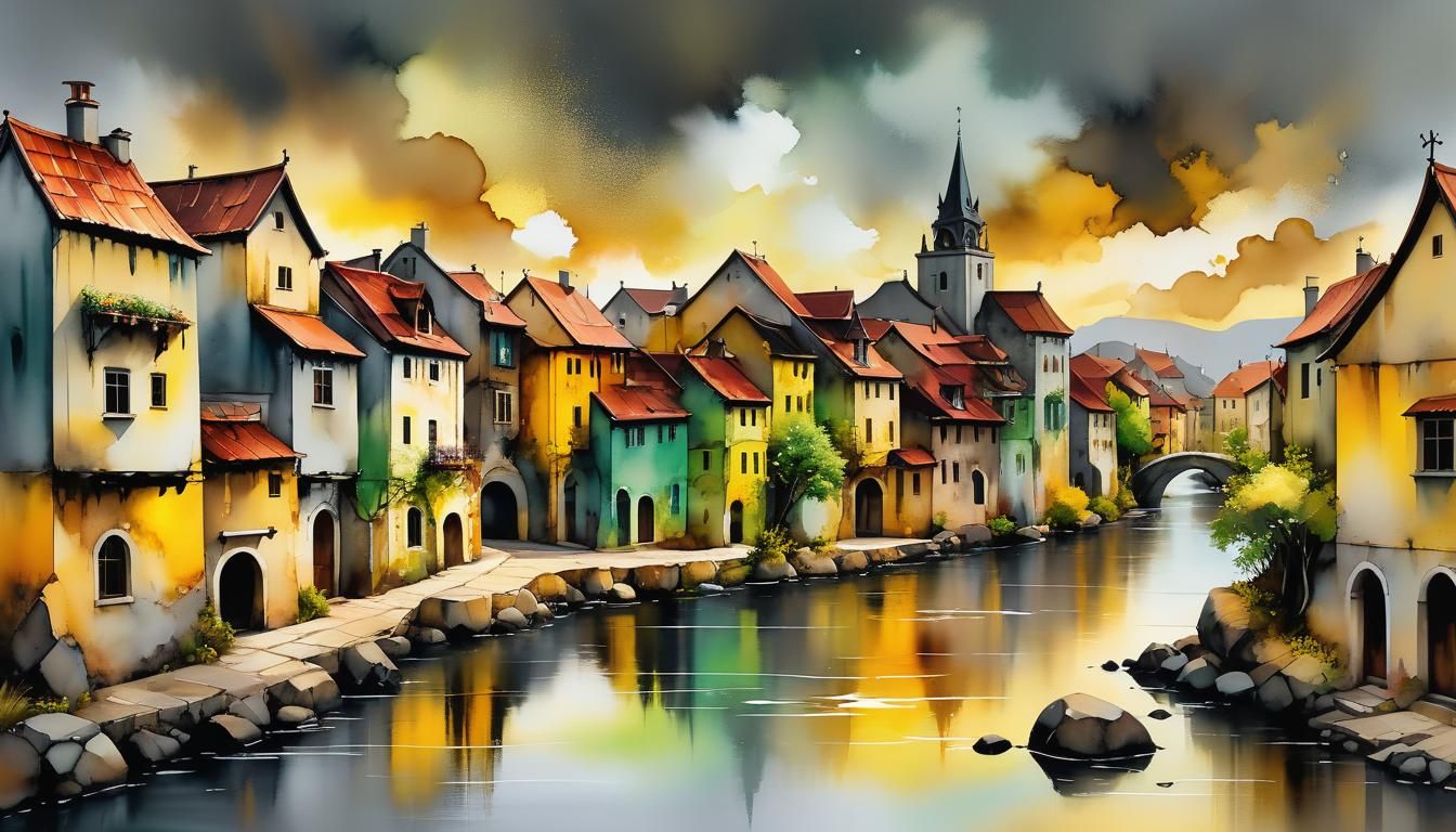 Old Stone Town in Alcohol Ink Style