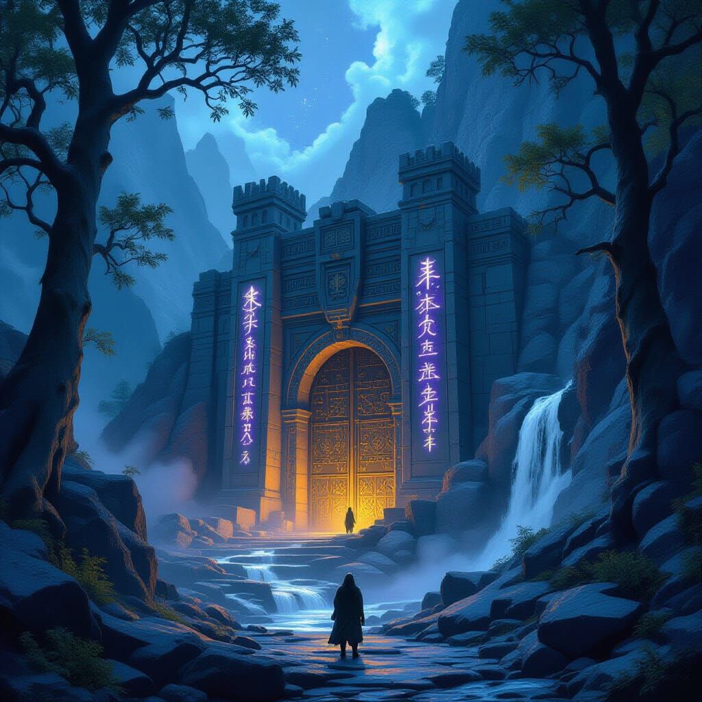 Ancient Kingdom Entrance with Runes and Waterfall