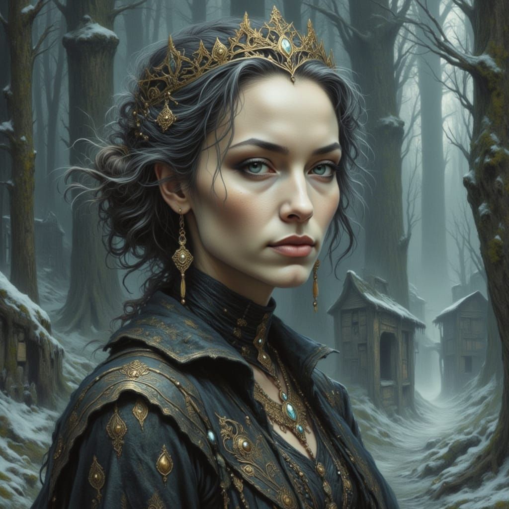 Winter Fae Crone Witch in Snowy Landscape