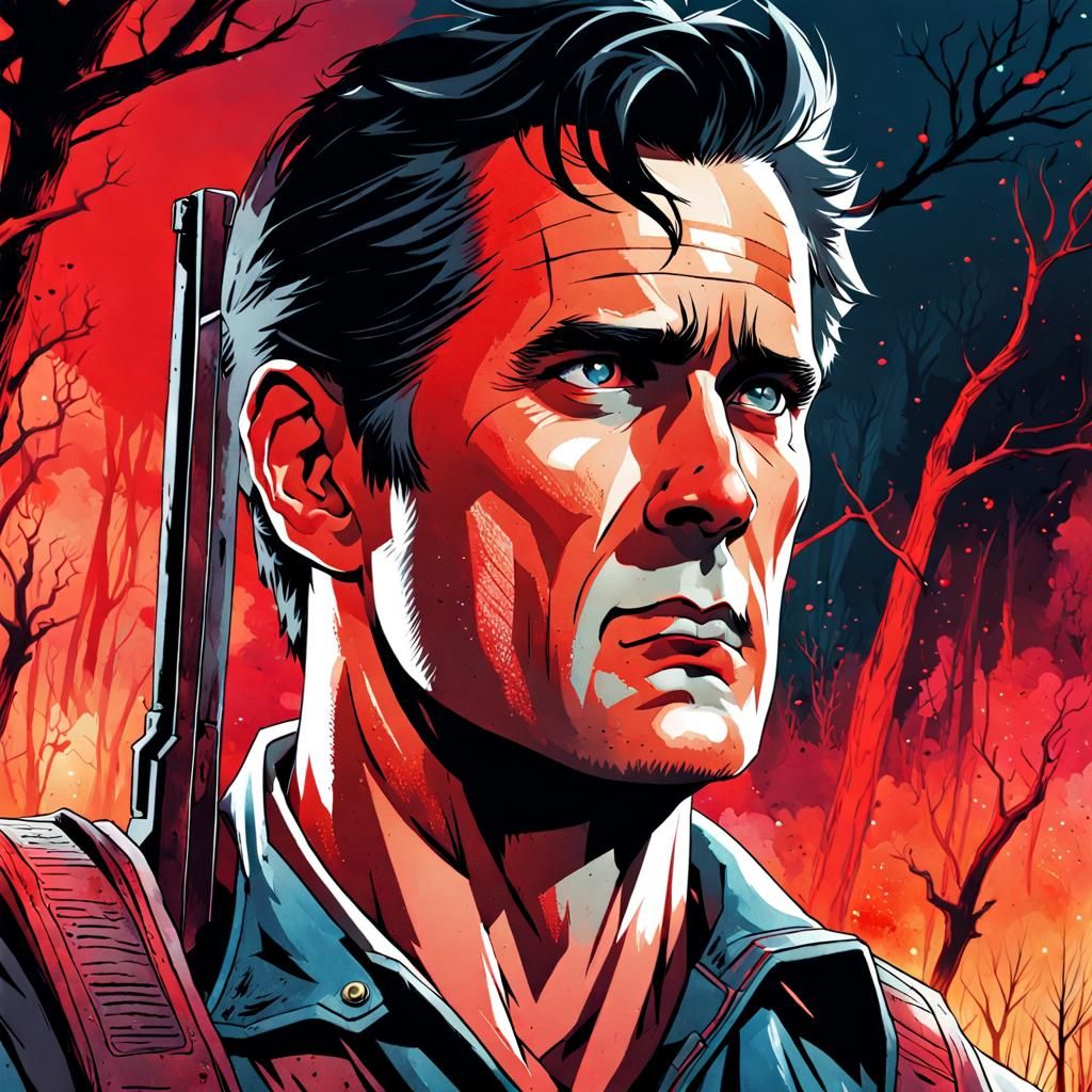 Ash Williams Portrait in Haunted Graveyard, Watercolor Style