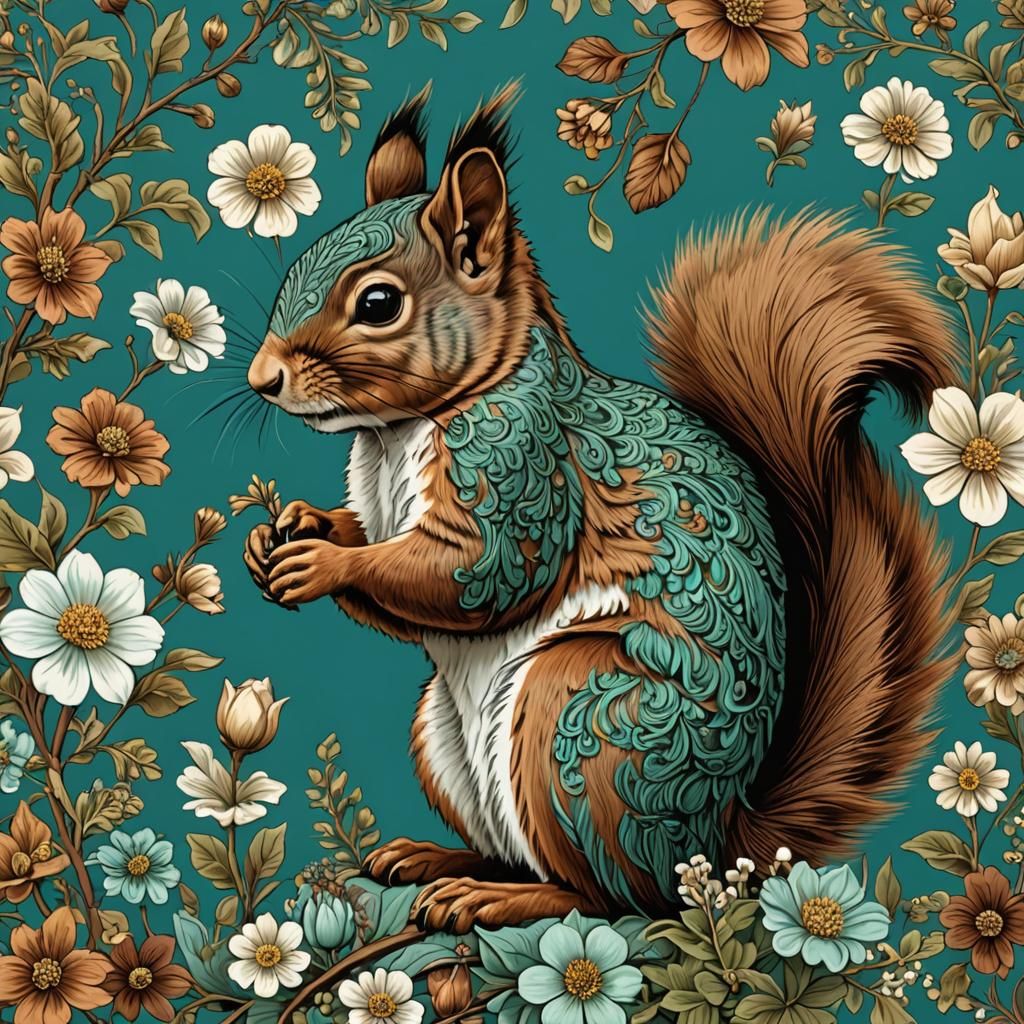 Hyperdetailed Squirrel with Flowers on Teal Background