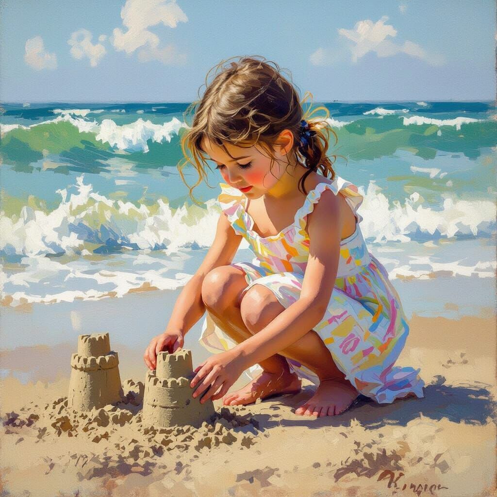 Girl Building Sandcastles in Impressionist Style