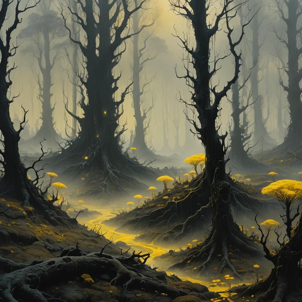 Ethereal Crystals in Mist-Shrouded Forest