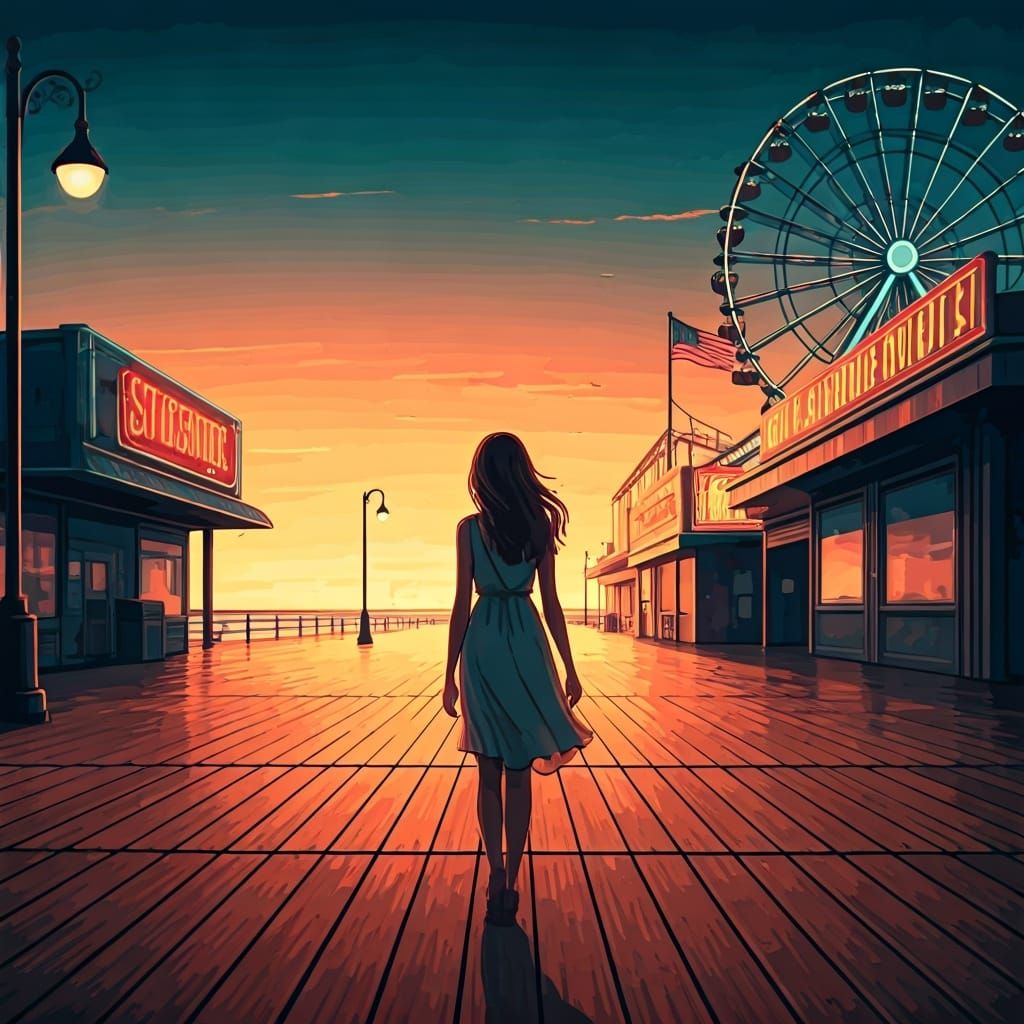 Dreamy Boardwalk Scene at Dusk in Digital Art Style