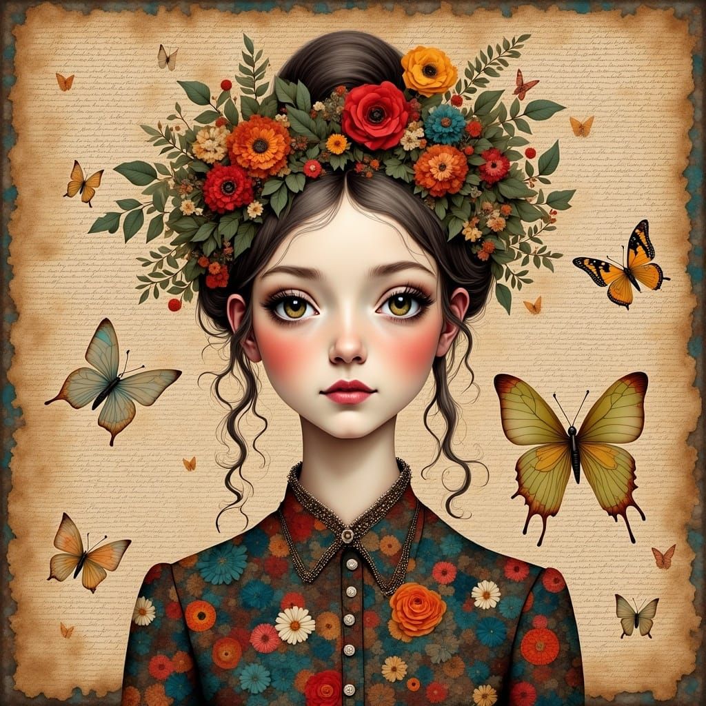 Elegant Mixed Media Collage Portrait with Batik and Decoupag...