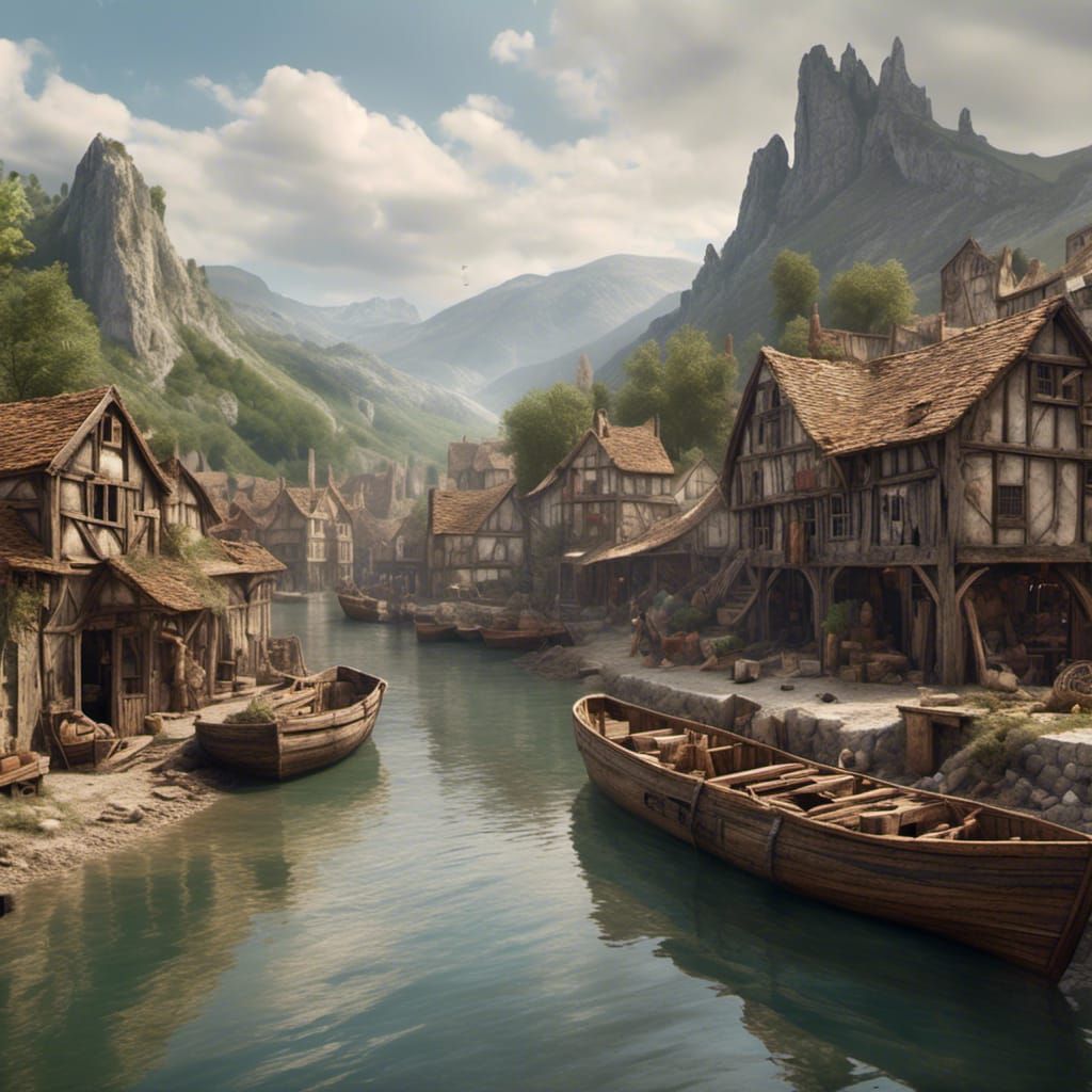 Medieval Wharf on Wide River: Hyperrealistic Photo