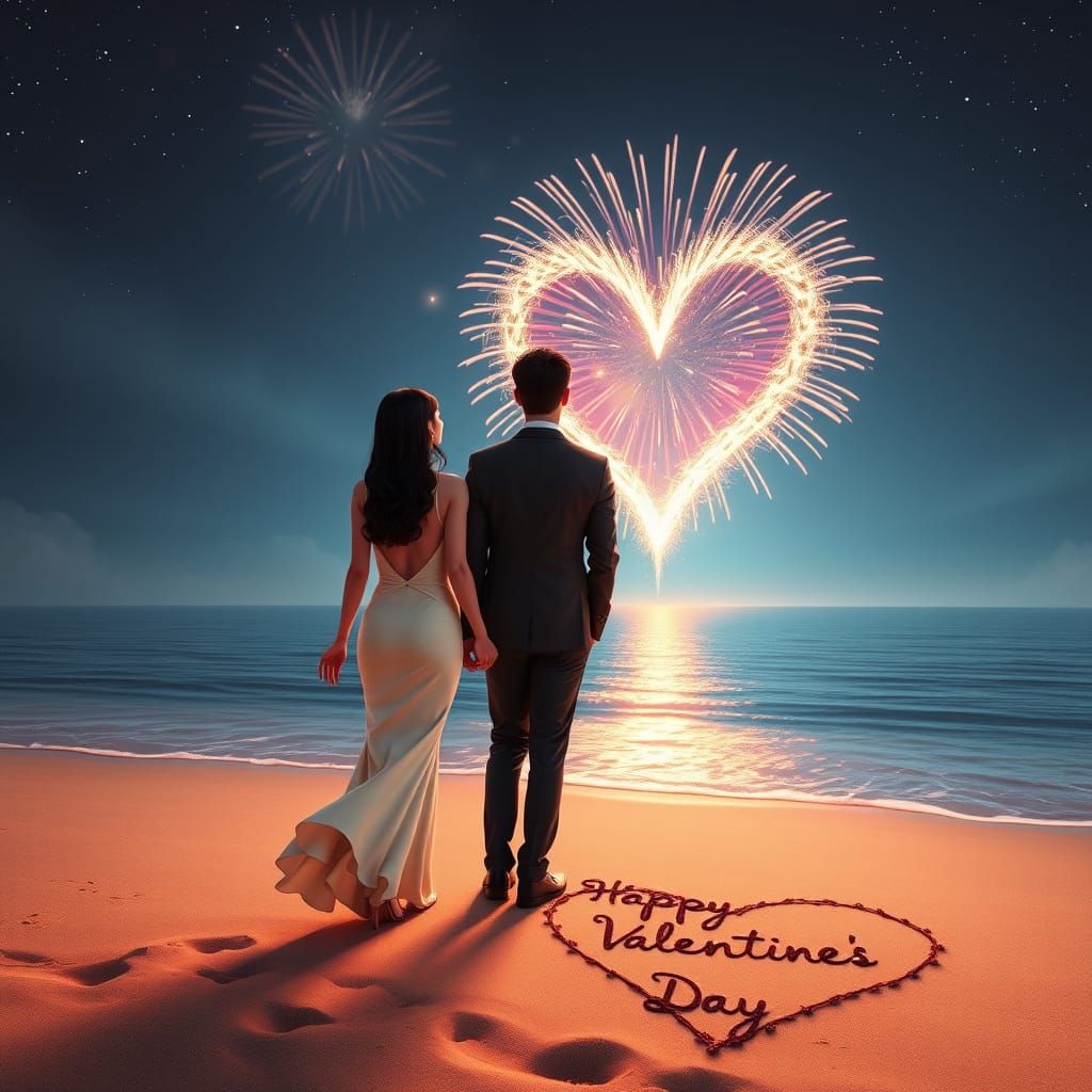 Starry Night Beach Fireworks Valentine's Day