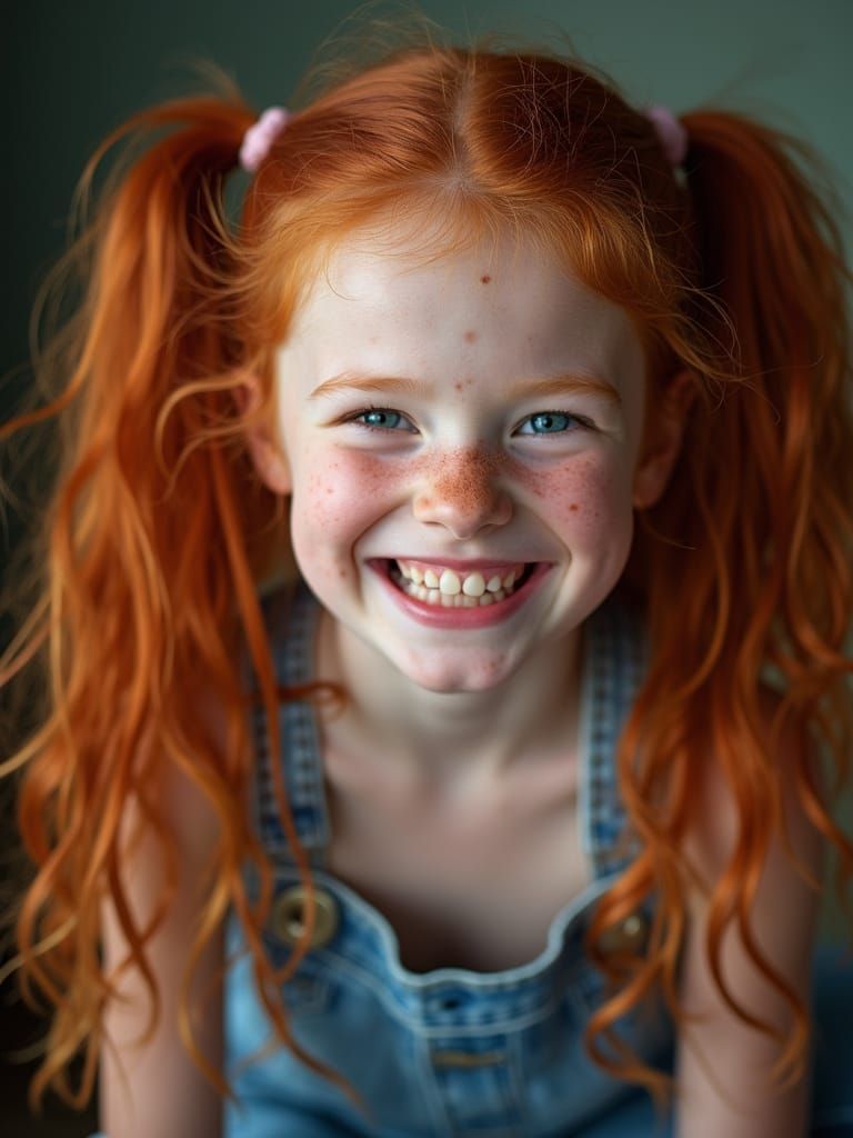 Redhead Girl with Freckles Laughing, Expressive Close-Up Por...