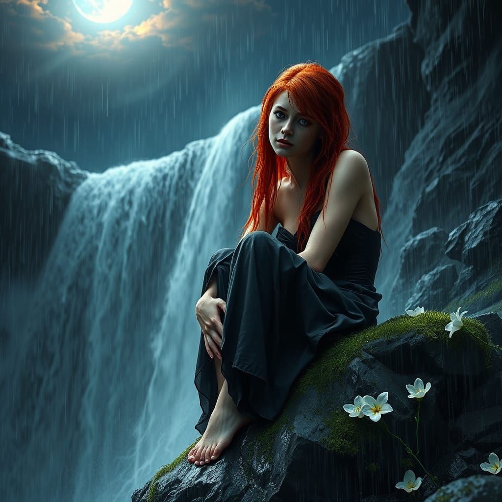 Sorrowful Bride Amidst Eerie Waterfall Scene