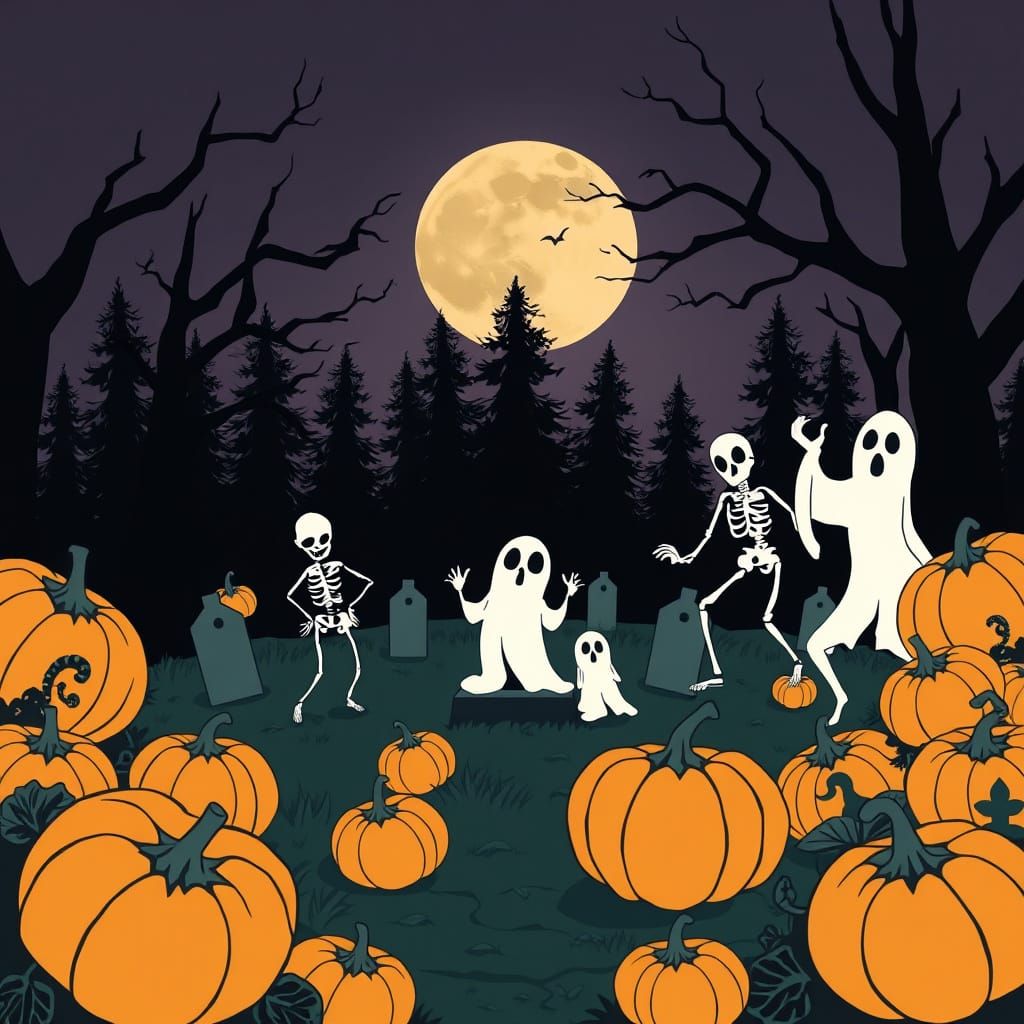 Vintage Cartoon Silhouettes Under Full Moon