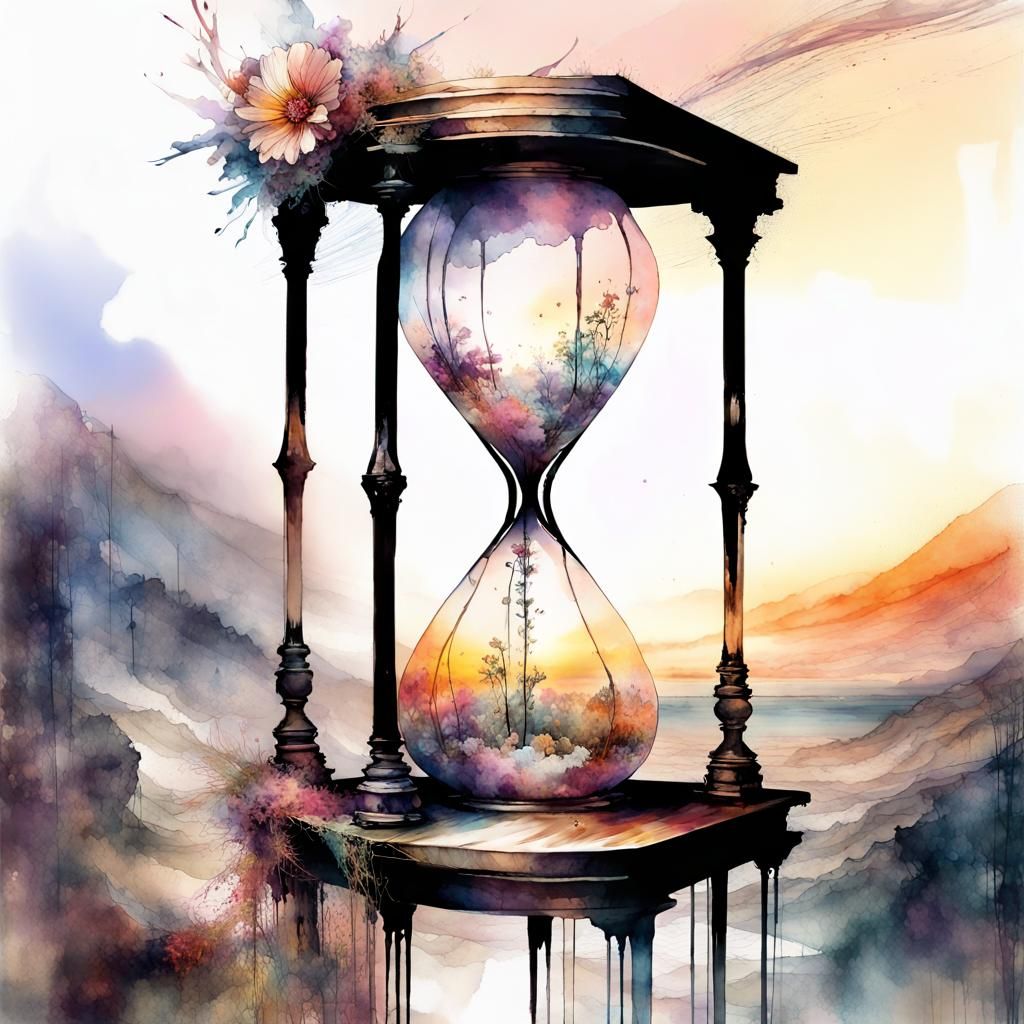 Hourglass Broadcasts Time in Digital Watercolor Art