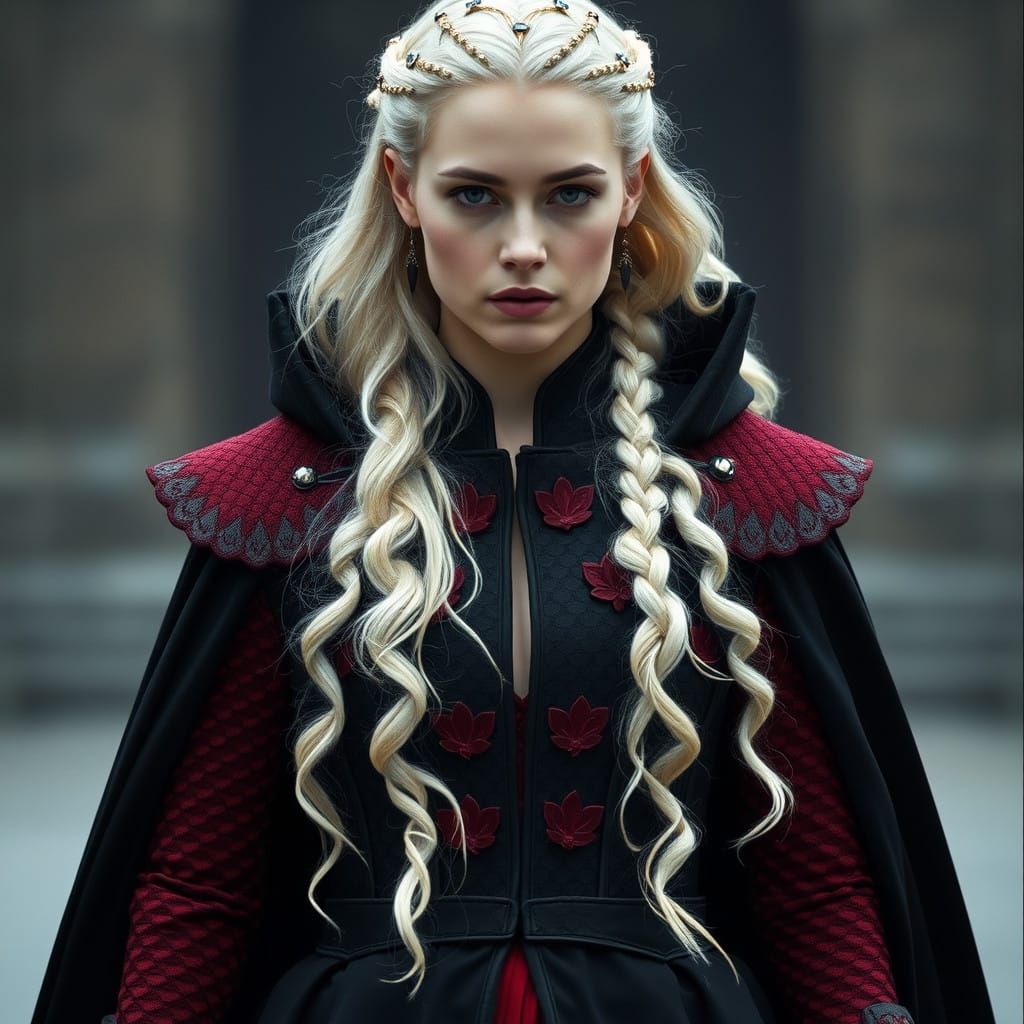 Regal Woman in Black and Red Embroidery with Platinum Hair