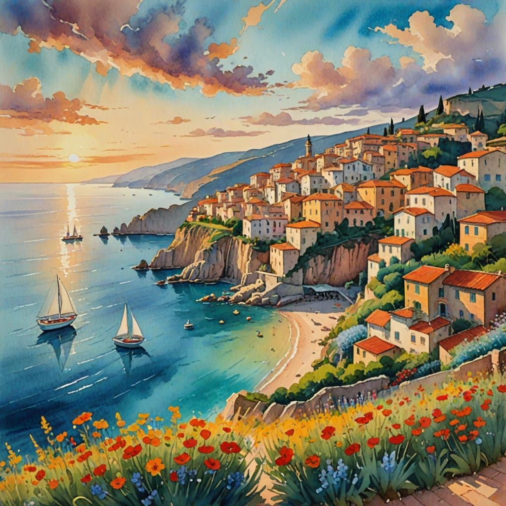 Italian Coastal Village Watercolor Painting with Sailboats