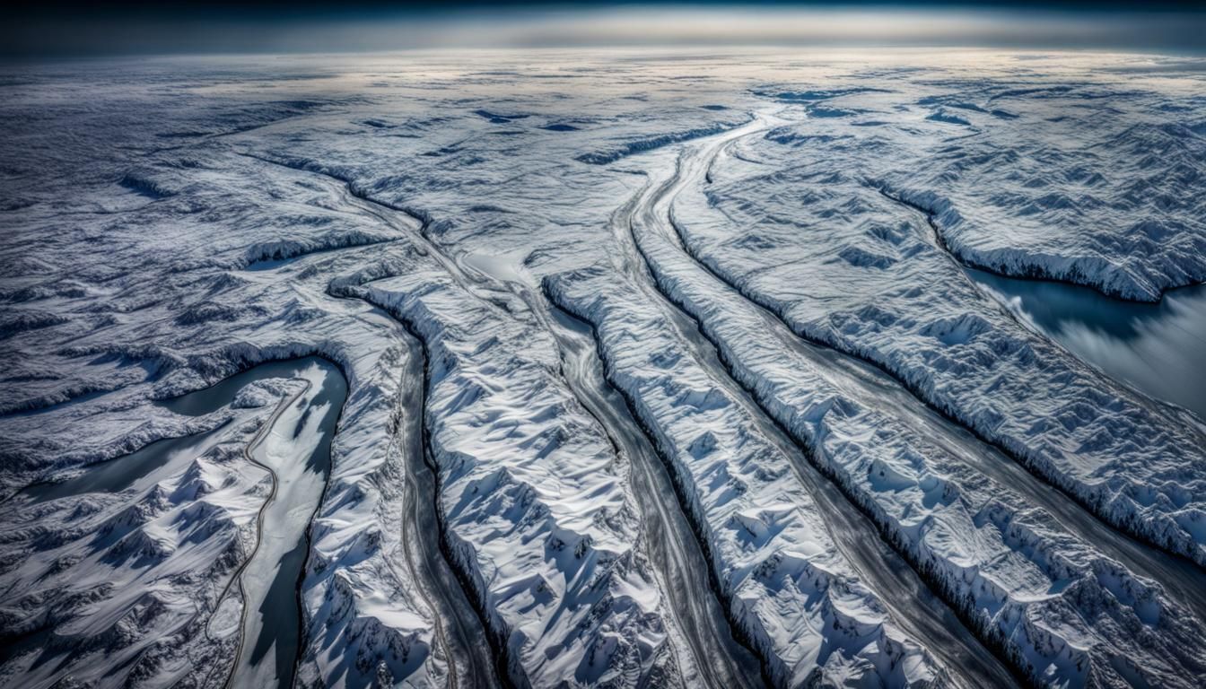 Hyperrealistic Lands Beyond Ice Wall From Above