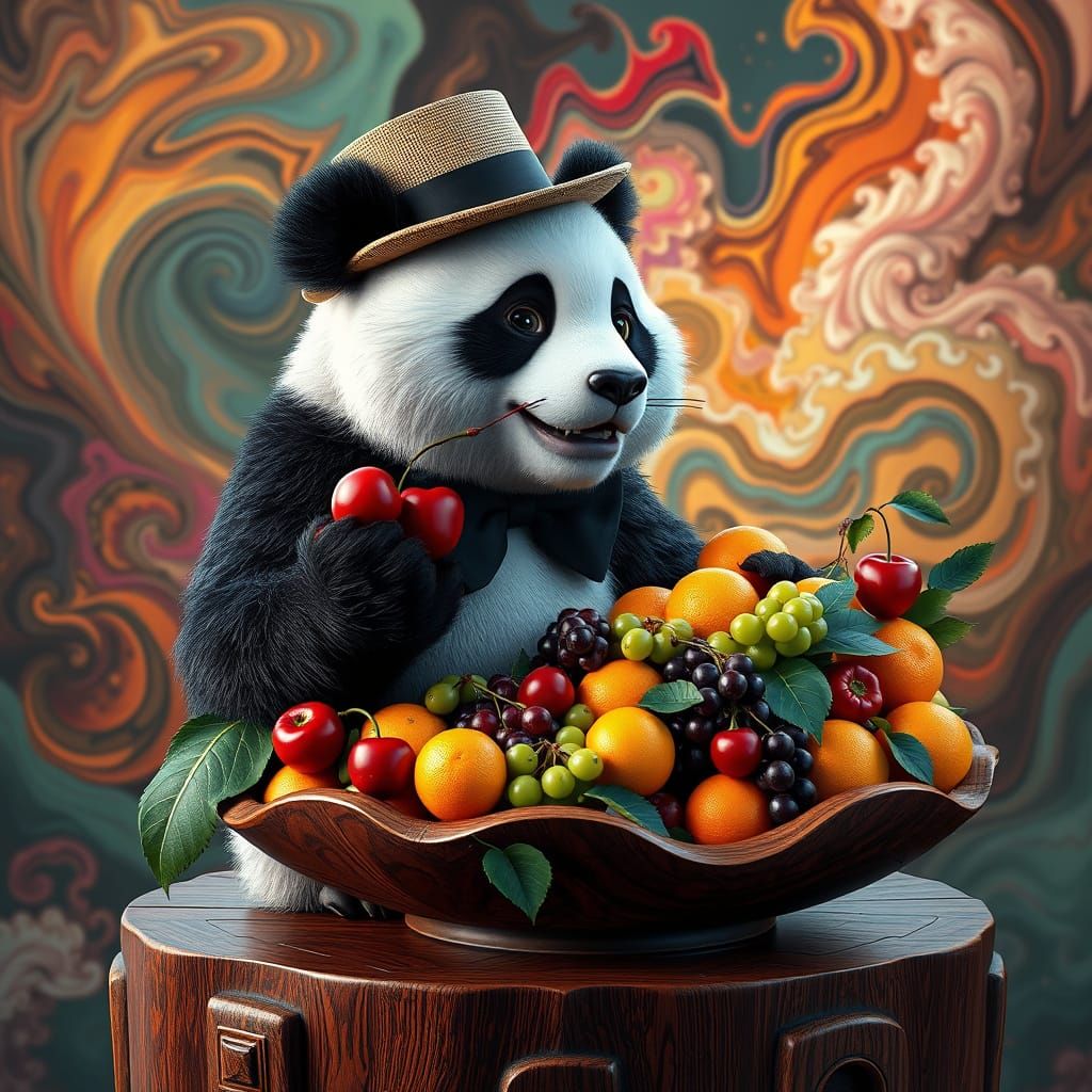 A charming 3D render of a panda sitting on a wooden platform...