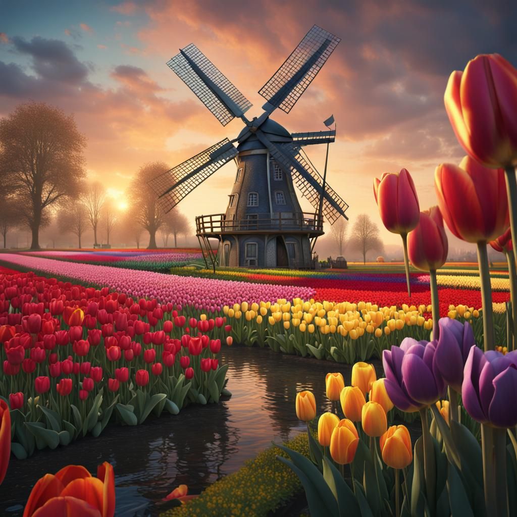 Colorful Tulips Surround Dutch Windmill