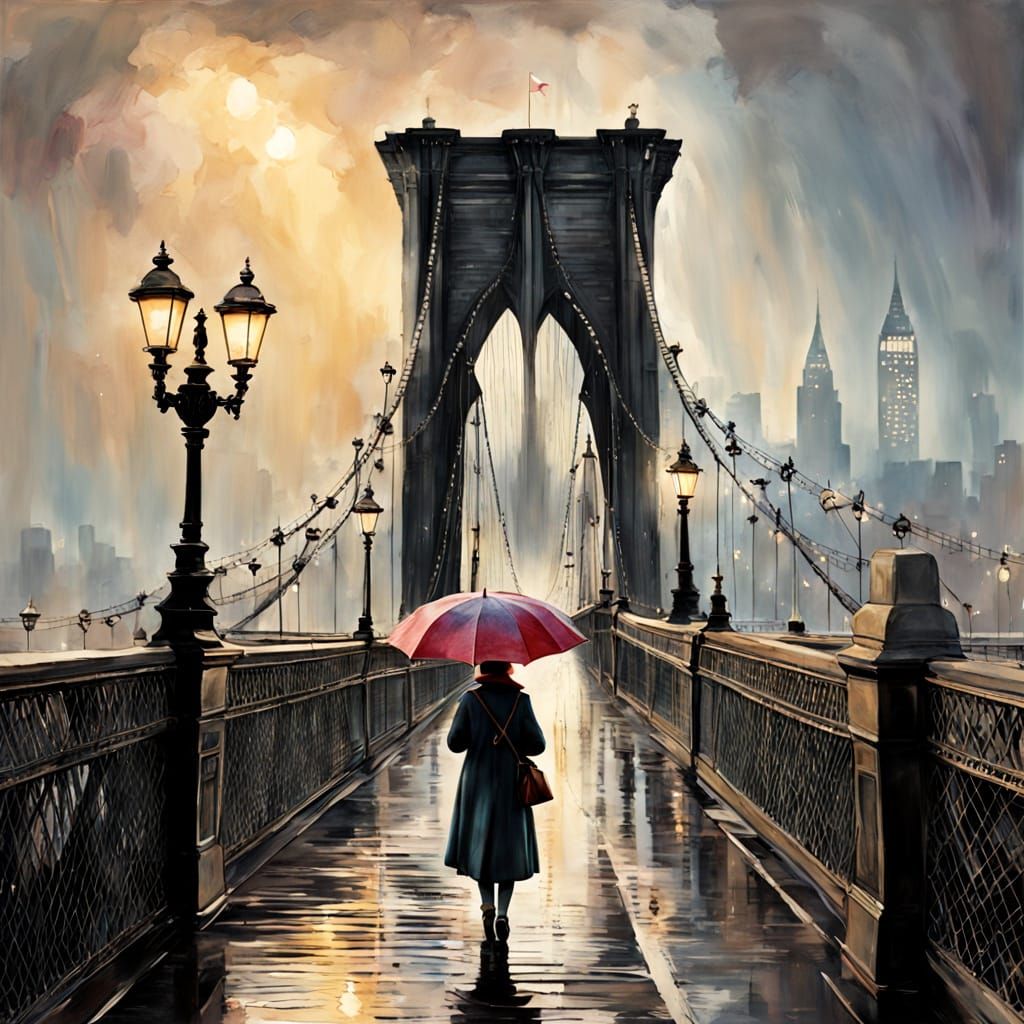 Woman Under a Vibrant Umbrella on Brooklyn Bridge