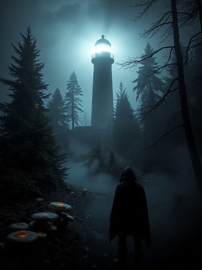 Lighthouse in Misty Forest with Cloaked Figure