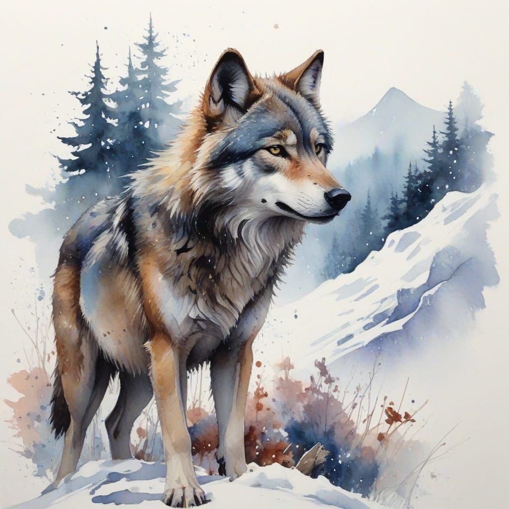 Wolf in a Starry Winter Wonderland with Watercolor Elegance