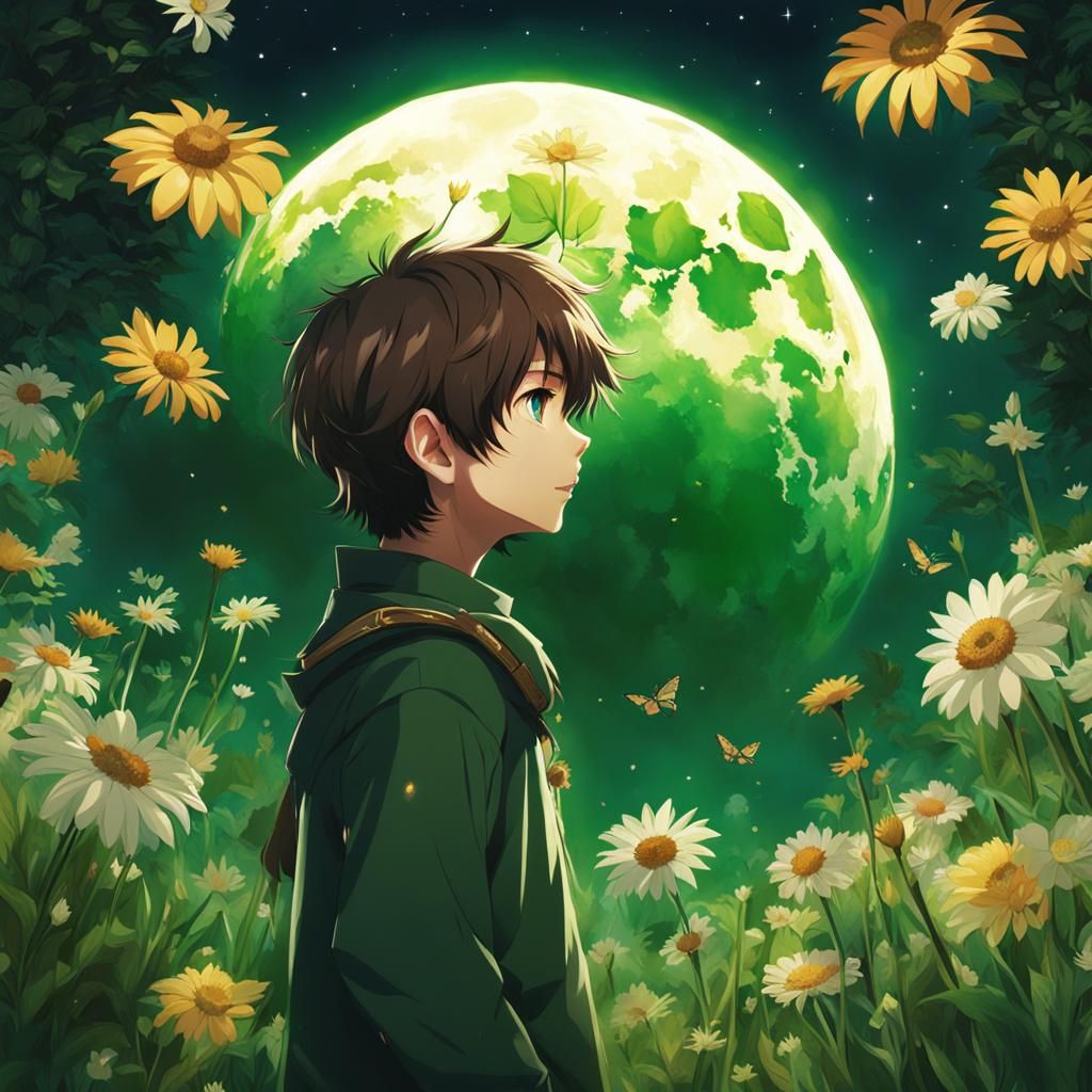 Boy Gazing at Moon Surrounded by Nature