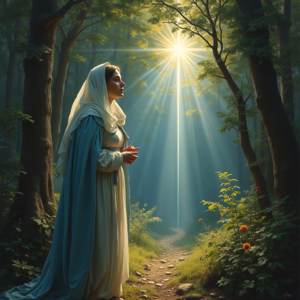 Virgin Encounter with Saint Raphael in Ethereal Forest