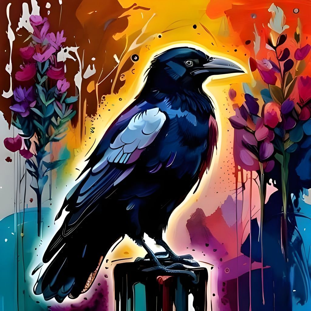 Futuristic Crow Portrait with Dripping Paint Effects