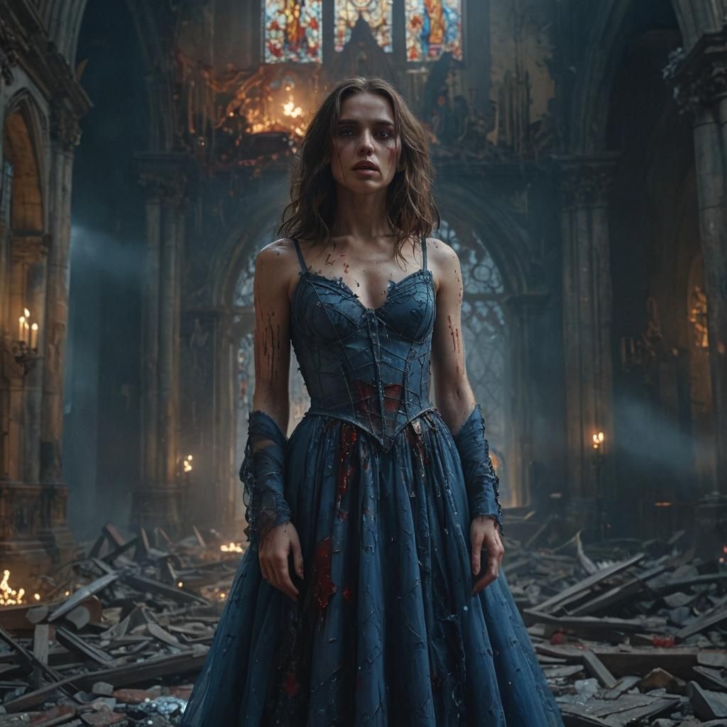 Bloody Woman in Ruined Church: Cinematic Digital Art