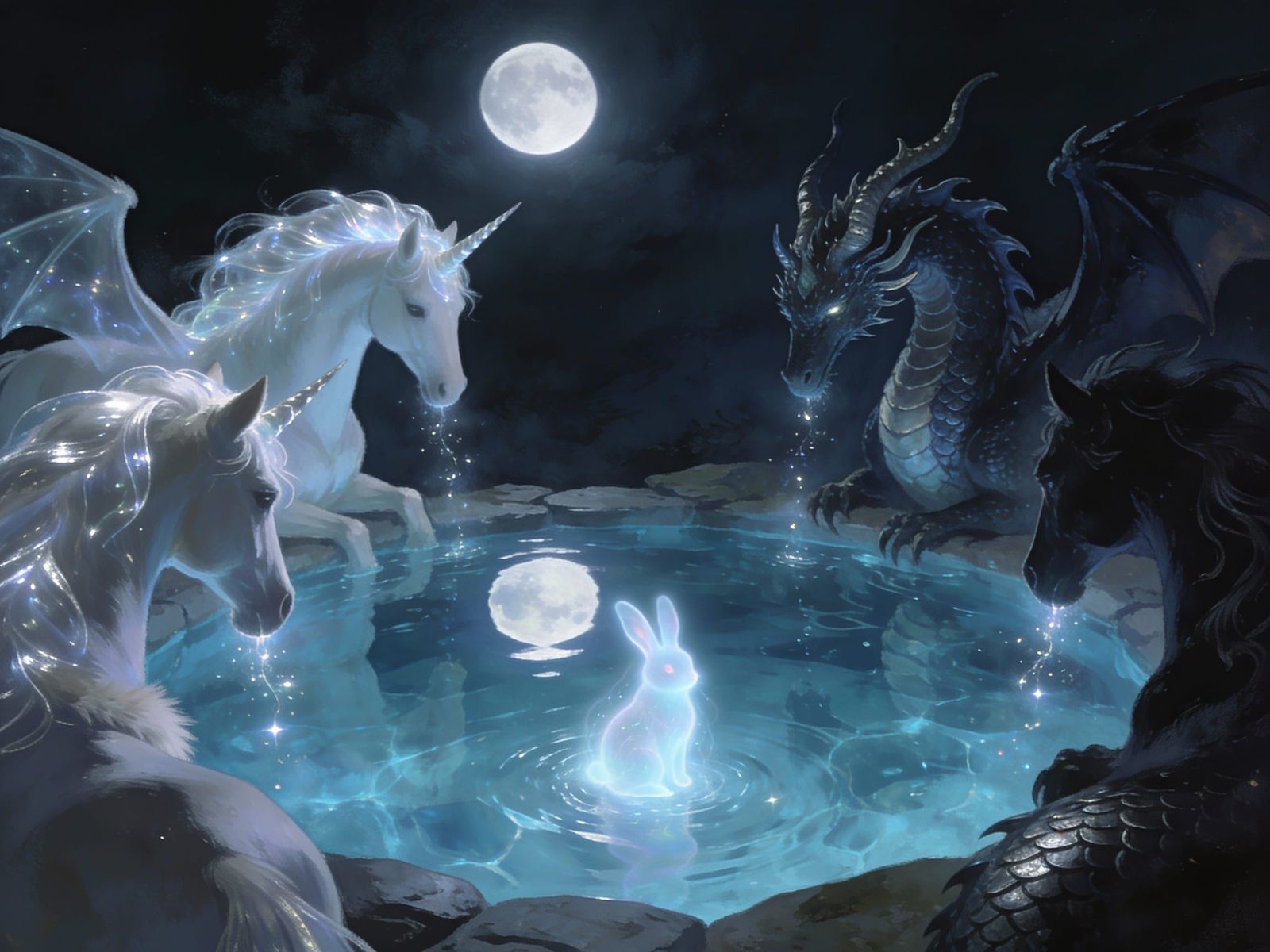 Mythical Creatures at Moonlit Pool in Dark Fantasy Style