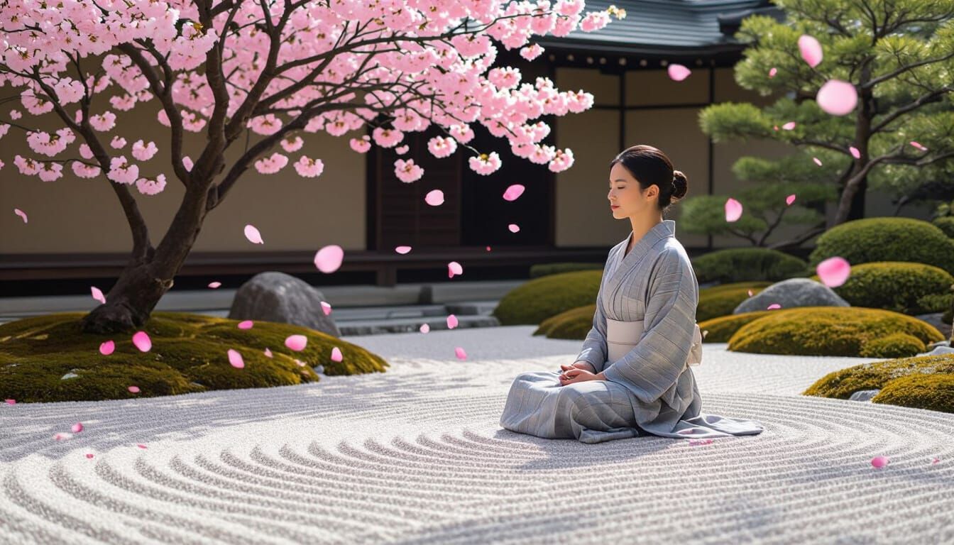 Serene Woman in Minimalist Japanese Zen Garden