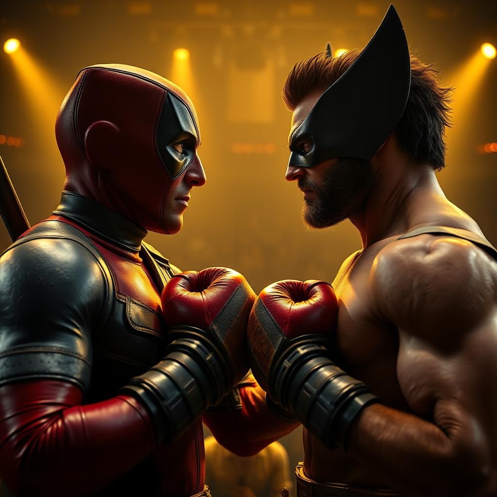 Deadpool and Wolverine Boxing Staredown in Arena