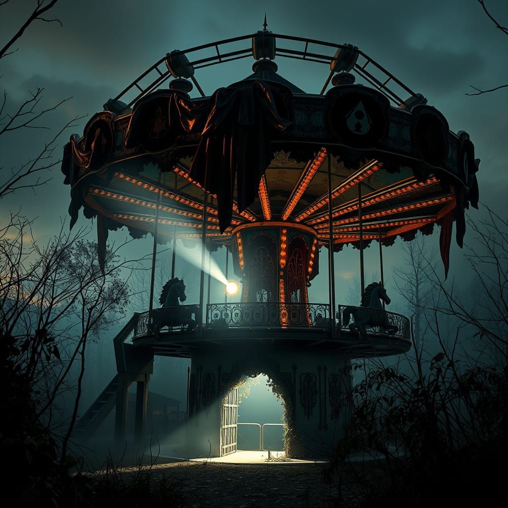 Flamboyant Supervillain in Twilight Amusement Park Hideout