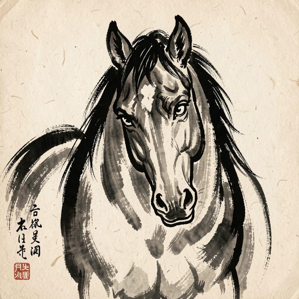 Japanese Ink Wash Horse Painting in Matsumoto Hoji Style