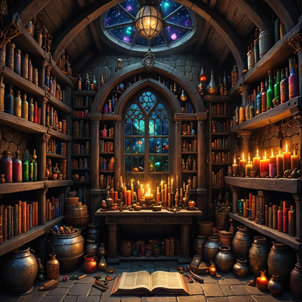 Magical Medieval Witch's Lair with Potions and Spells