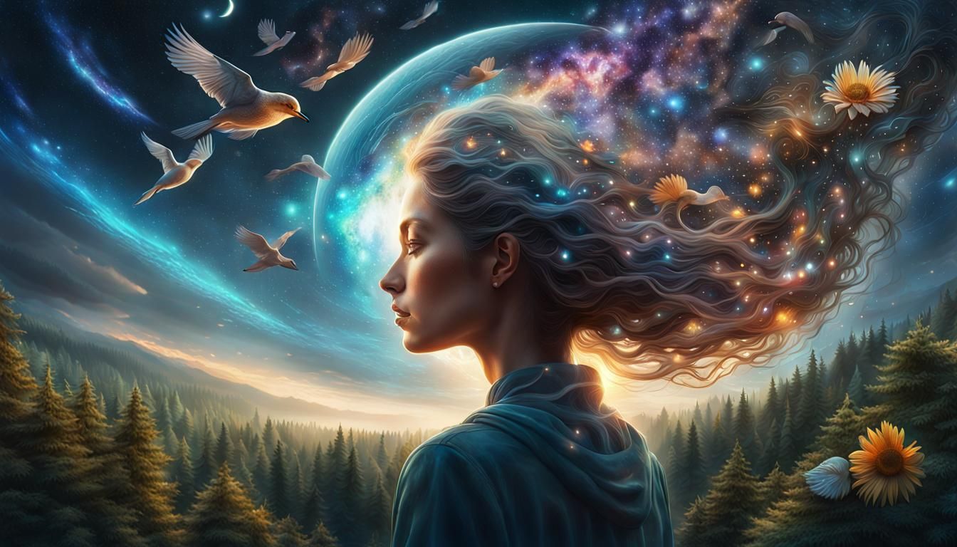 Woman Holding Galaxy with Birds and Flowers