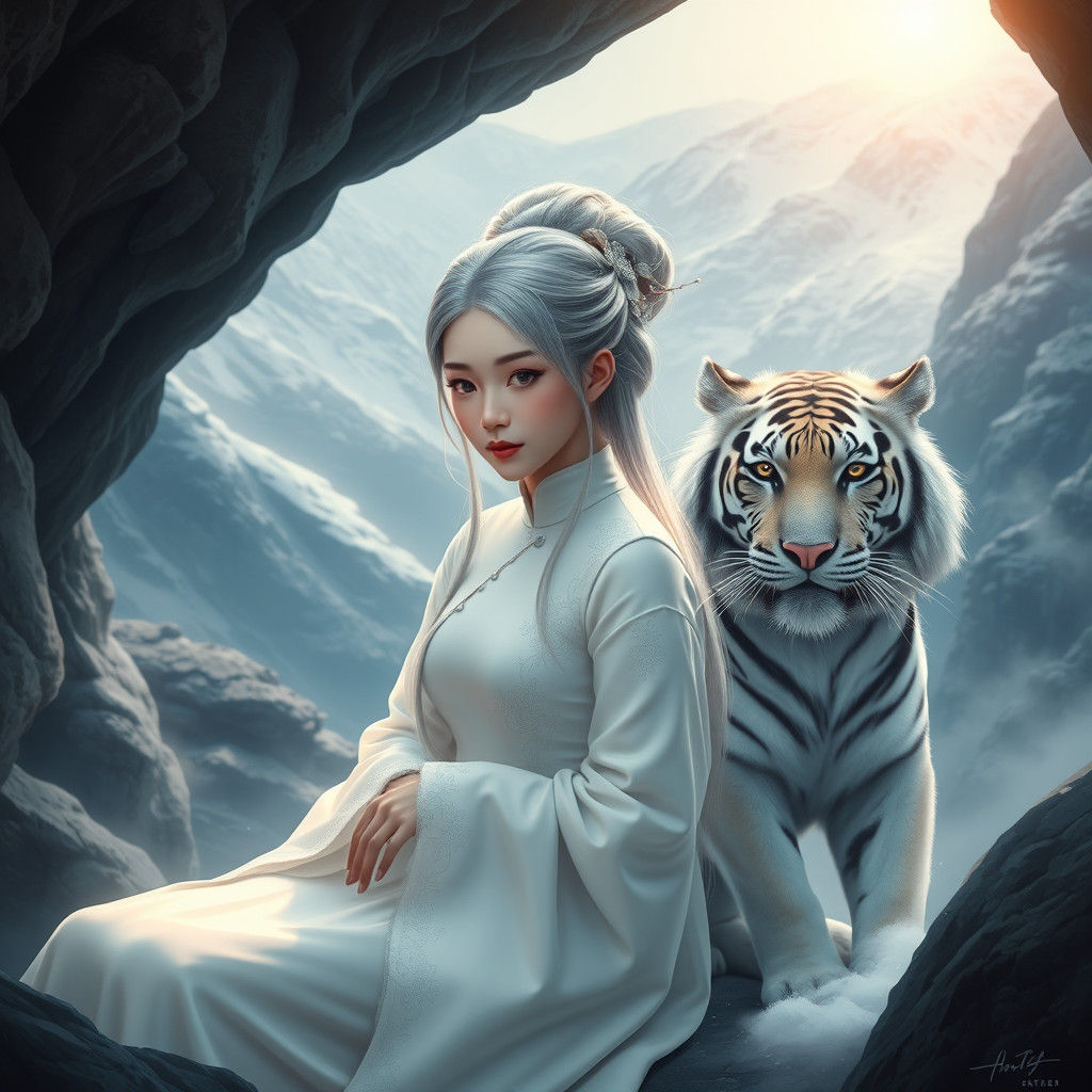 Chinese Girl with Tiger in Dreamlike Cave