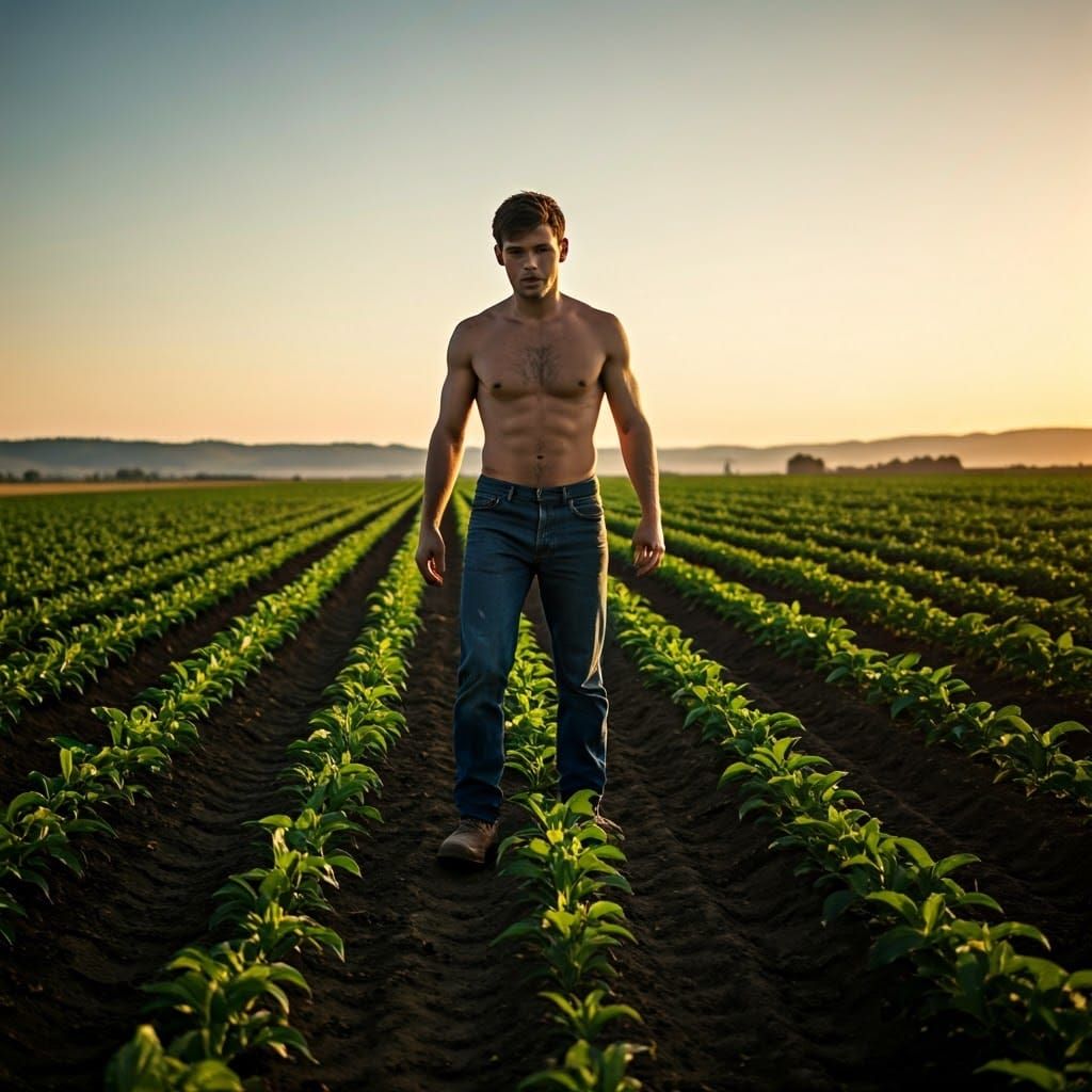 Sun-Drenched Farmer Toils in Crop Field