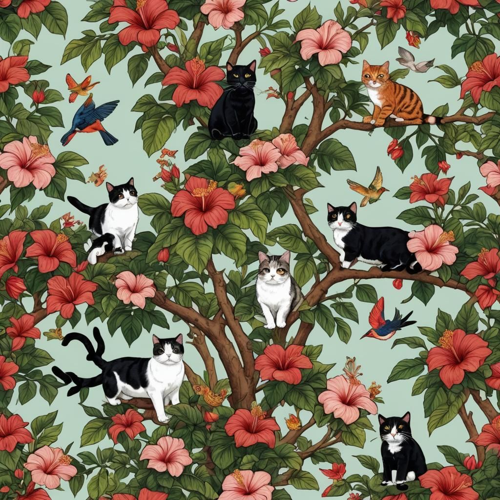 Cats and Birds in Hibiscus Tree
