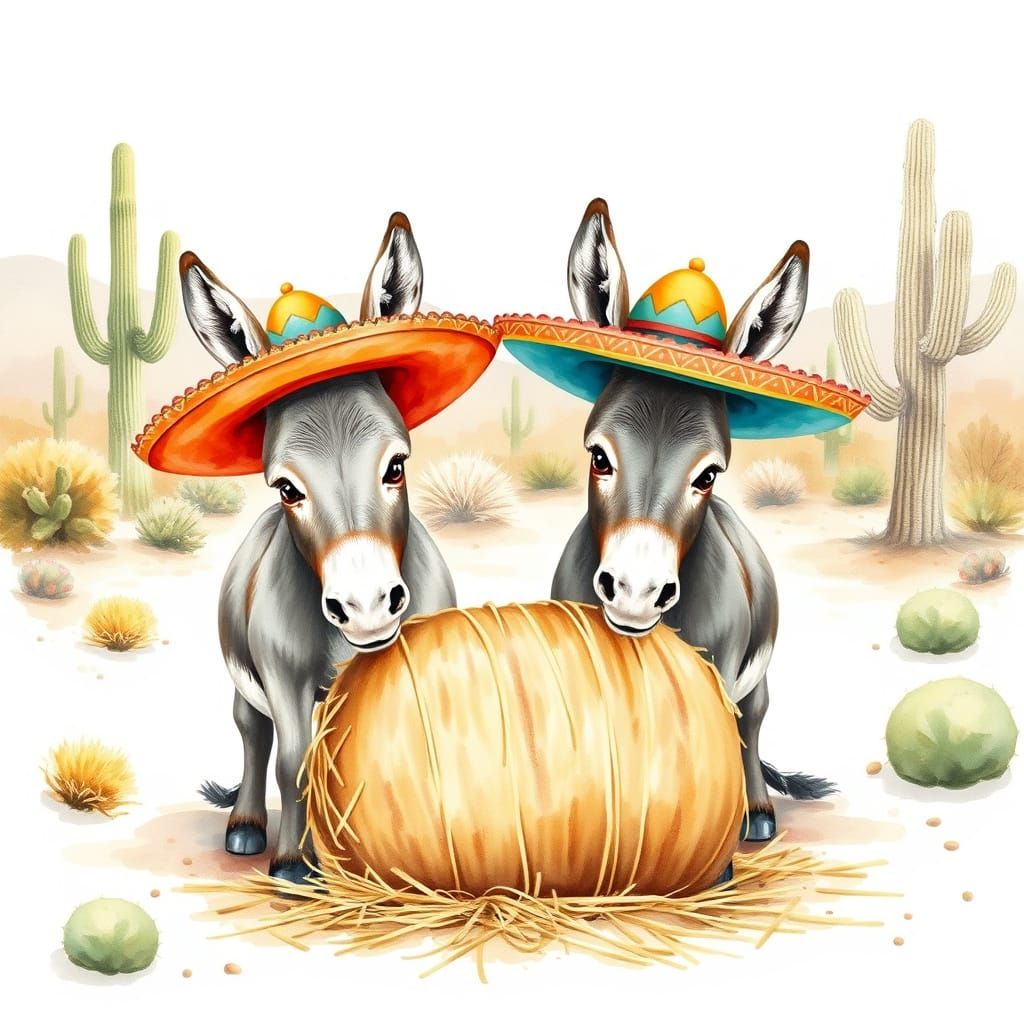 Donkeys in Sombreros Watercolor Painting