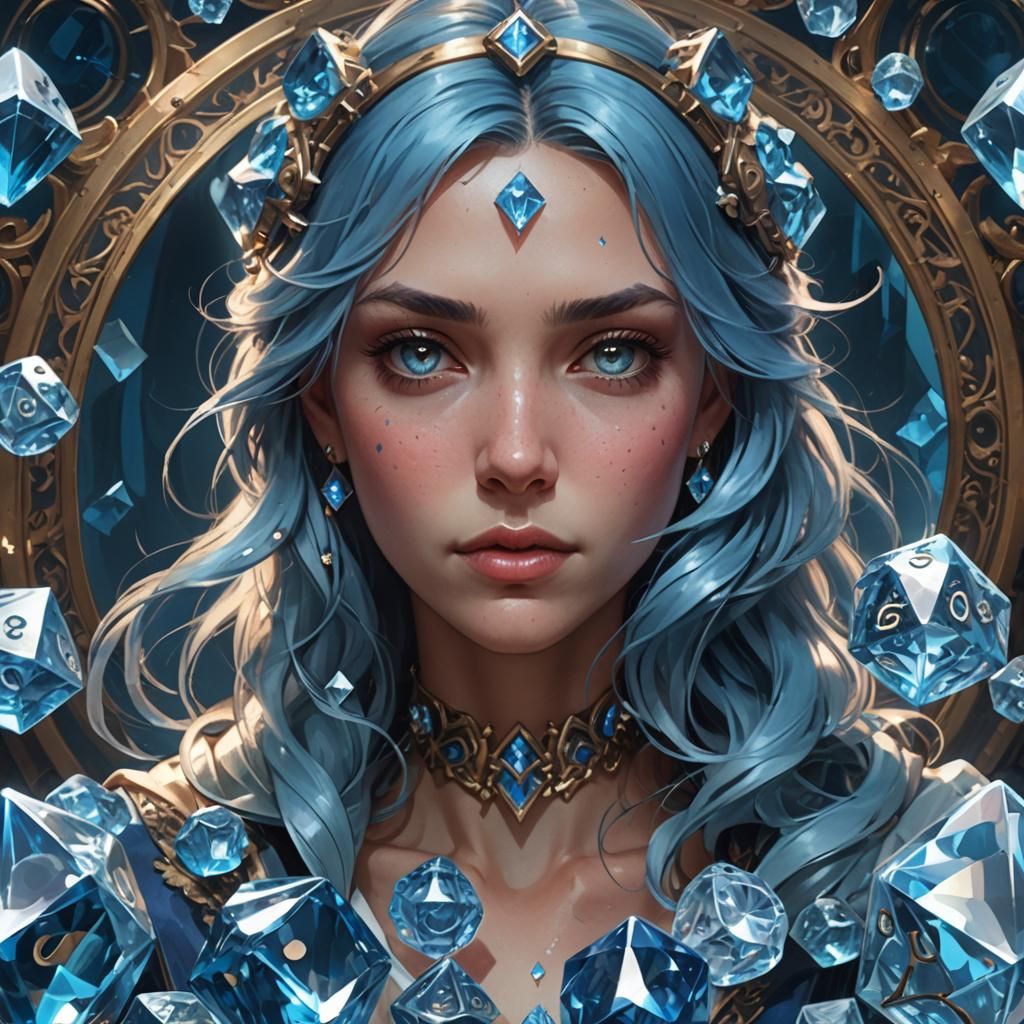 Blue Crystal Dice Portrait in Hyperdetailed Style