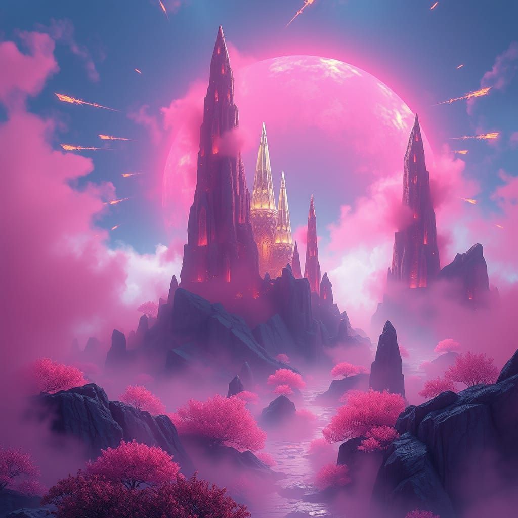 Ethereal Pink Dreamscapes with Crystal Spires and Glowing Fl...