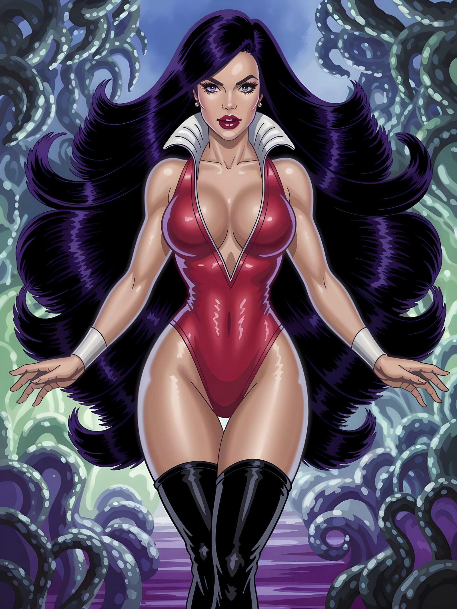 Sultry Vampirella-Inspired Pin-Up in Red Spandex
