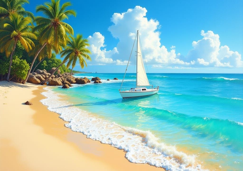 Sailboat on Turquoise Water in Impressionistic Style